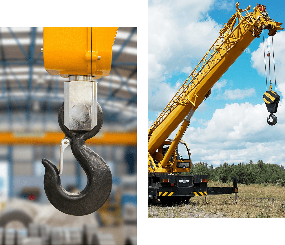 Close-up of a crane hook in a warehouse on the left; yellow mobile crane with an extended arm outdoors on the right, under a blue sky with clouds.