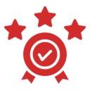 A red checkmark inside a circle, flanked by three stars, with a ribbon beneath the circle.
