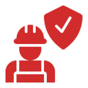 Icon of a construction worker wearing a hard hat next to a shield with a checkmark, all in red.